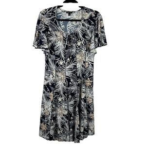 Sami & Jo Floral Short Sleeve Pleated Fit & Flare Dress Large Navy Blue